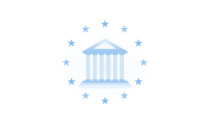 Ilustración: doce estrellas de la Unión Europea en torno a un pórtico de columnas